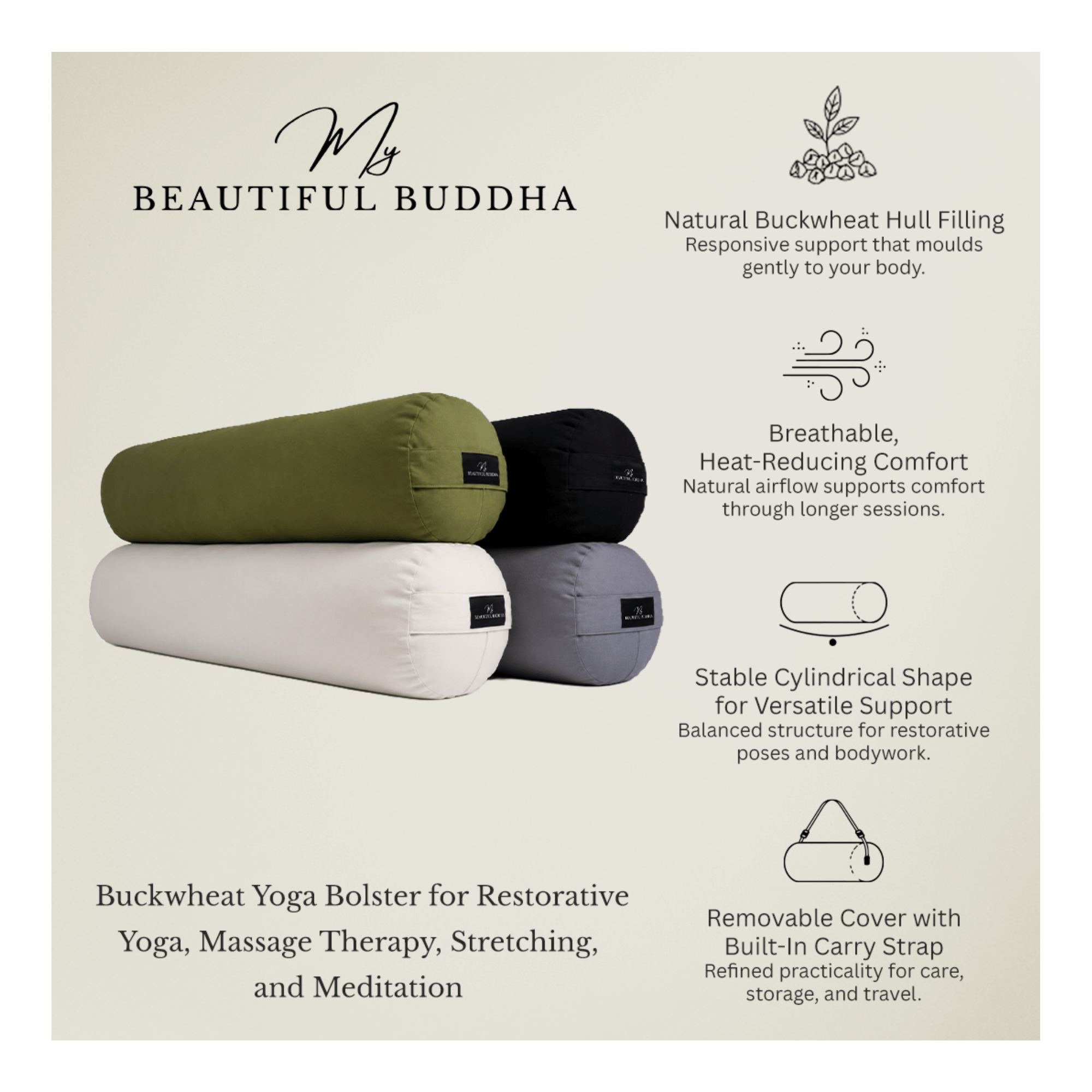 Studio + Cylinder Yoga Bolster - Buckwheat Hull Fill - Pilates & Barre