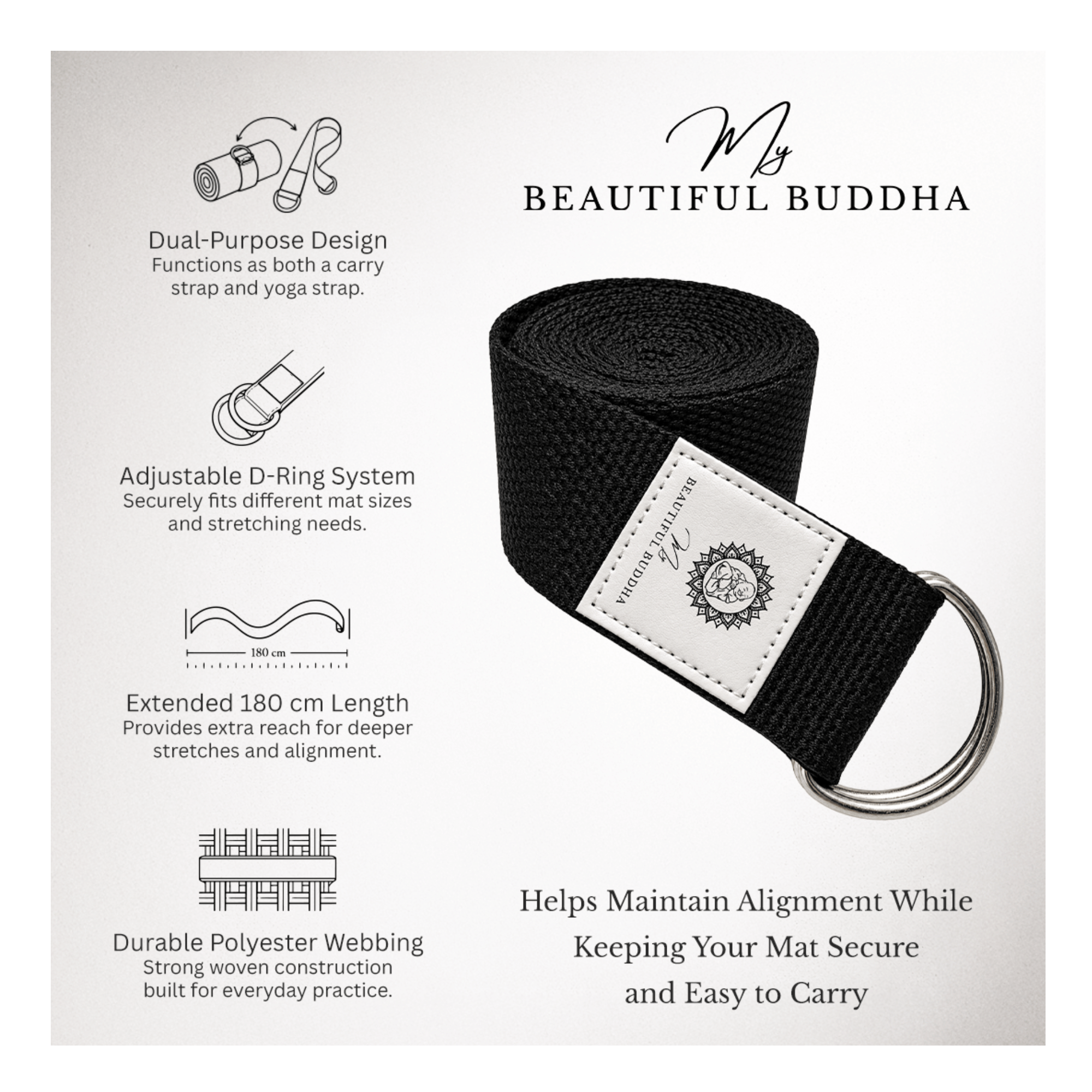 Yoga Stretching Strap - Organic Cotton - Adjustable with D-Ring Buckle