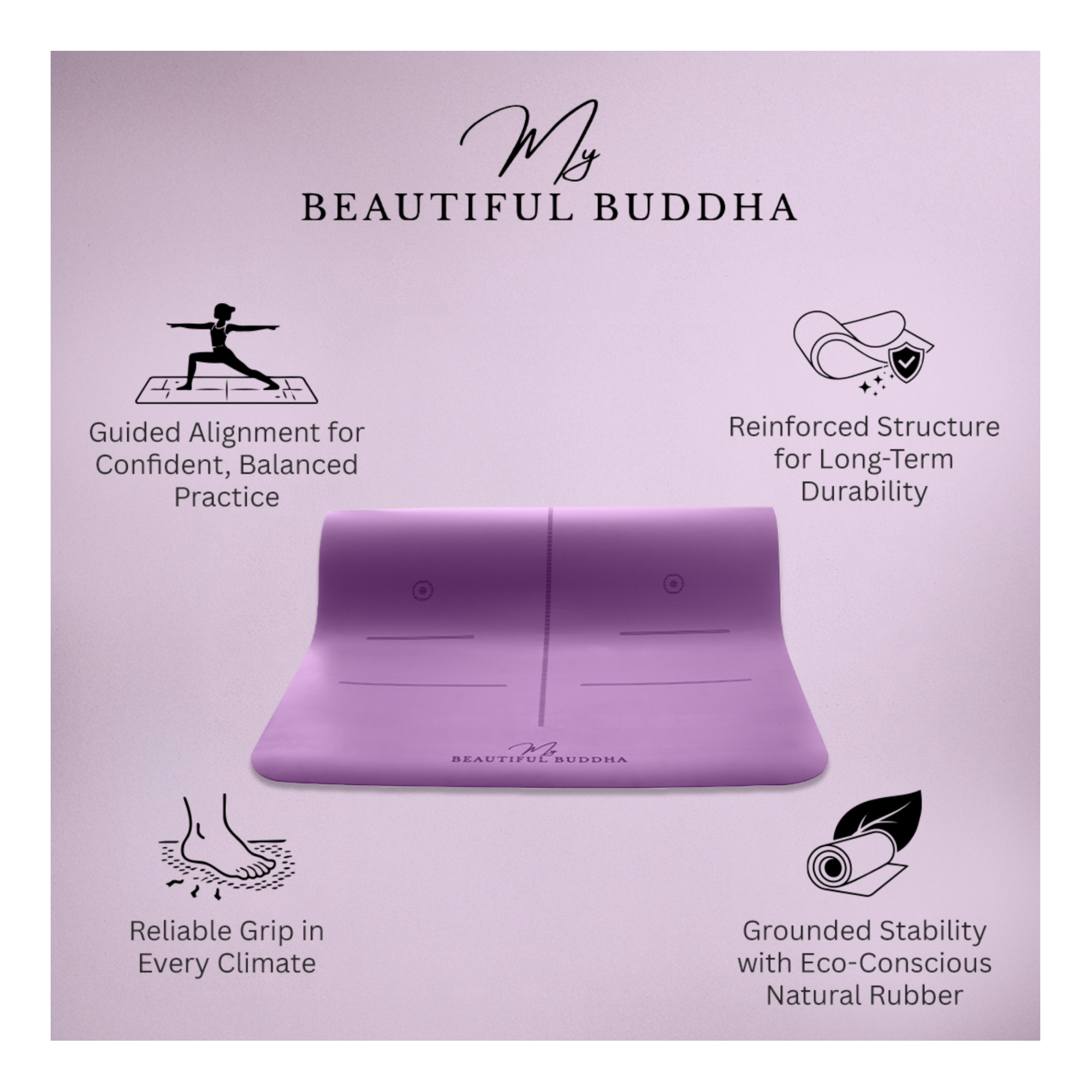 MBB Signature 5mm Studio Yoga Mat with a Carry Stretch Strap - Best Seller - Purple Iris