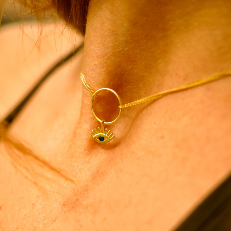 Sterling Silver Evil Eye Hollow Design Choker Pendant