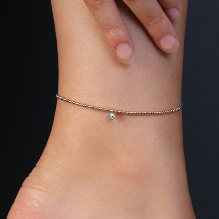 Sterling Silver Blue String Ball With Evil Eye Charm Anklet