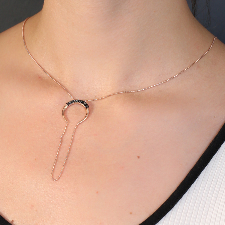 Black Zircon Moon Pendant Sterling Silver Necklace