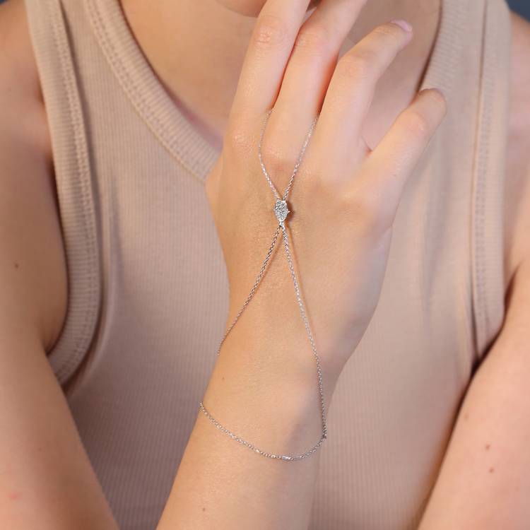 Minimal CZ Stone Hamsa Design Slave Bracelet Sterling Silver