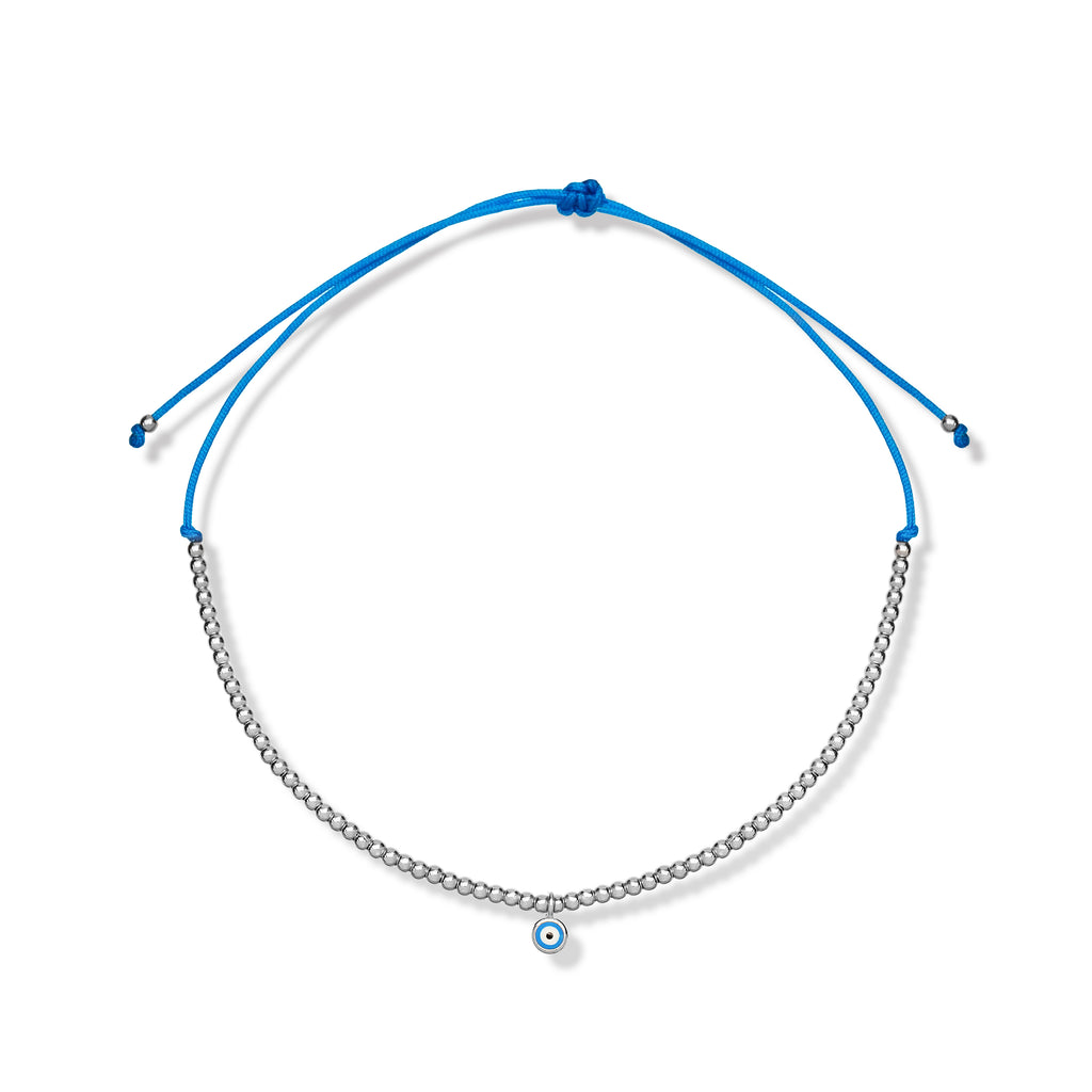 Sterling Silver Blue String Ball With Evil Eye Charm Anklet