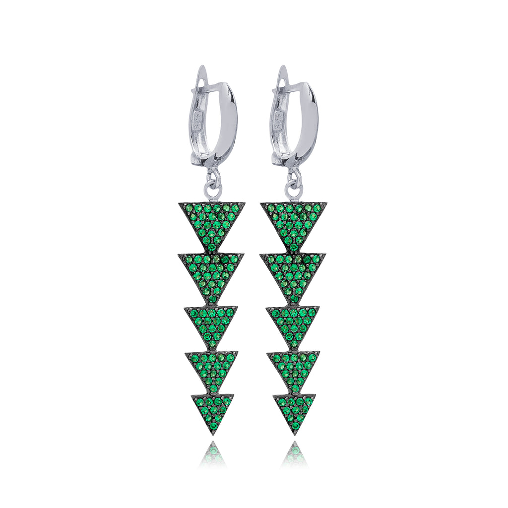 Sterling Silver Green Dangle Clip On Triangle Earrings