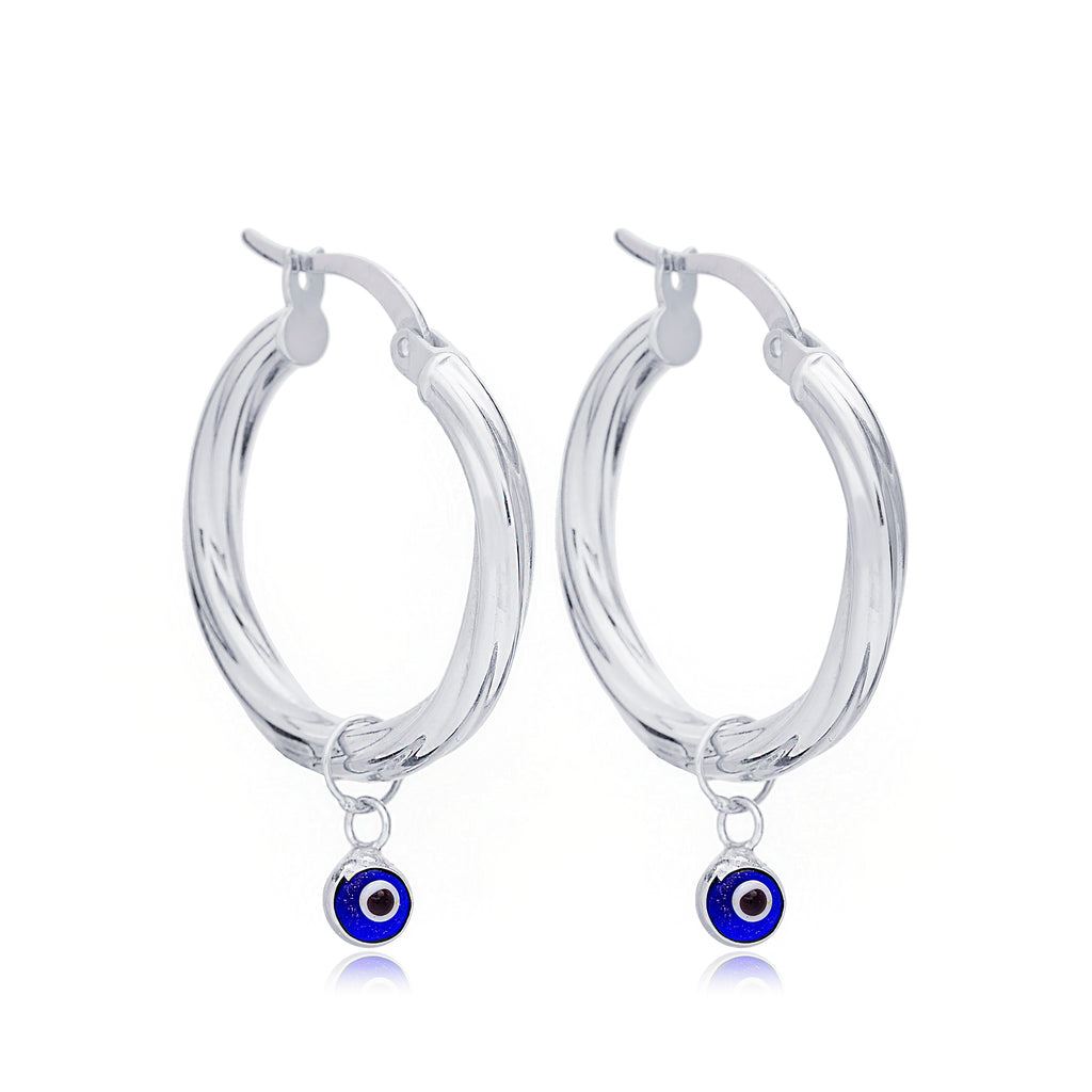 Sterling Silver Hoop Earrings with Minimalist Evil Eye