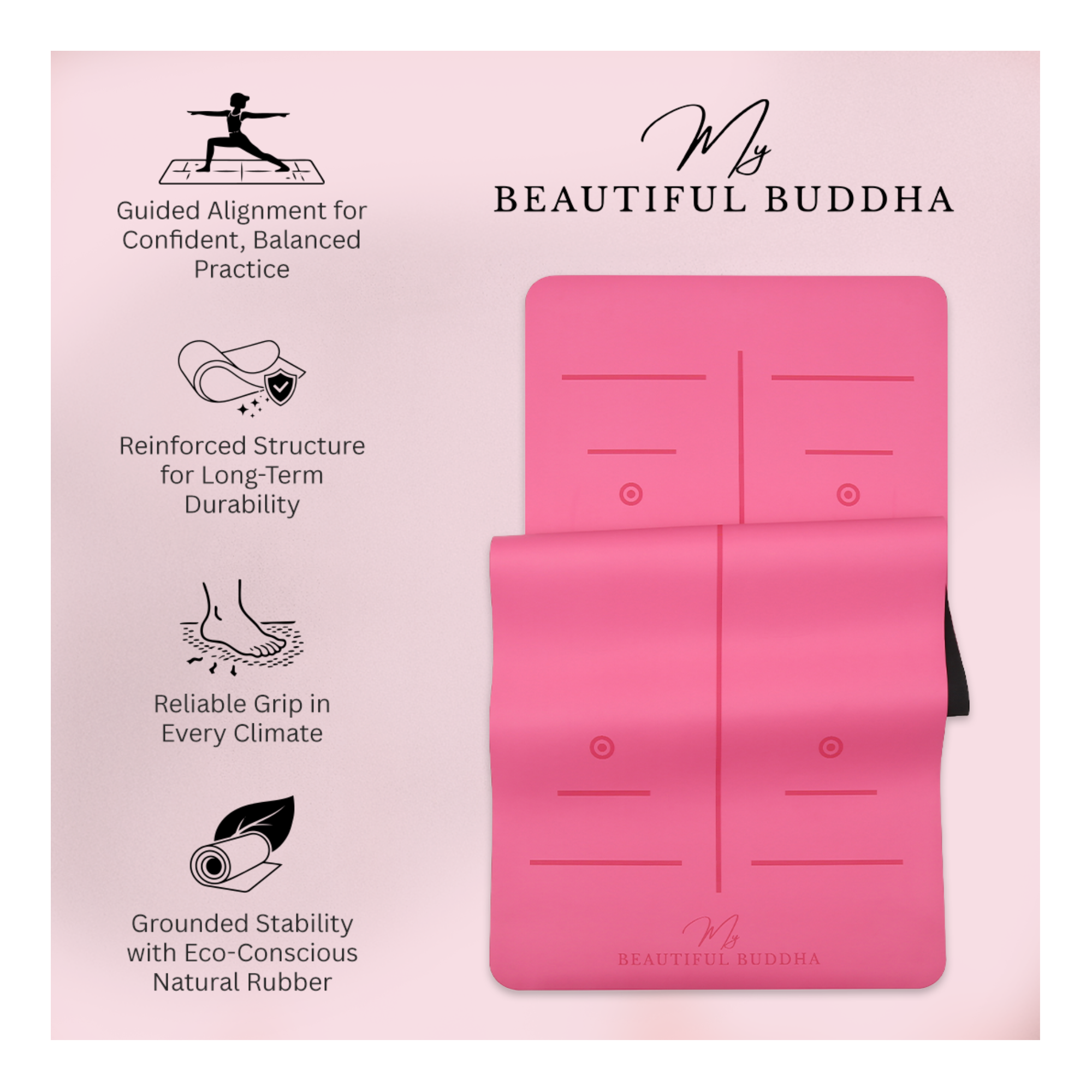 MBB Signature 5mm Studio Yoga Mat with a Carry Stretch Strap - Best Seller - Fuchsia Pink
