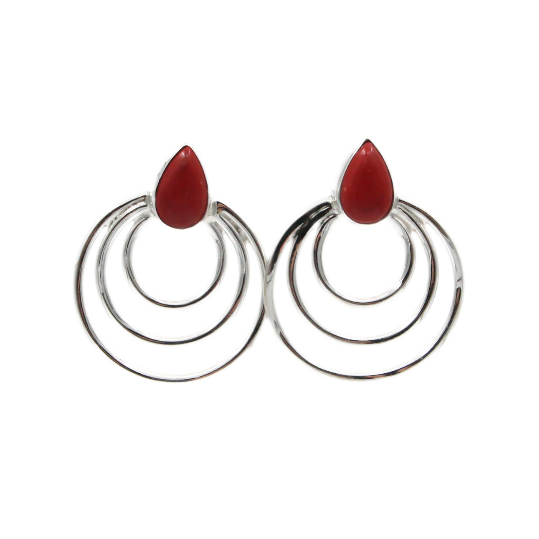 Triple Circle Red Coral Drop Earrings