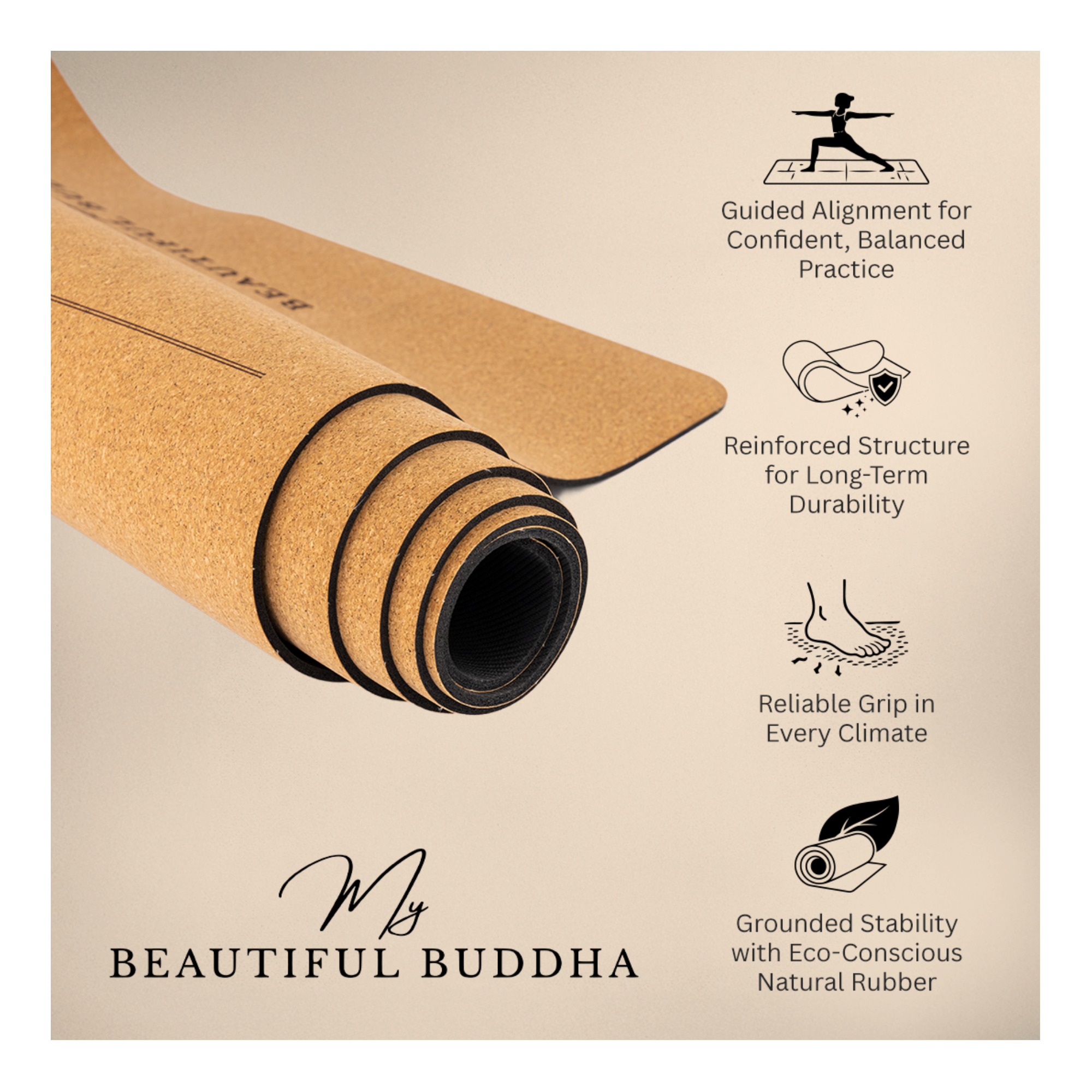MBB Signature 5mm Studio Yoga Mat with a Carry Stretch Strap - Best Seller - Organic Cork