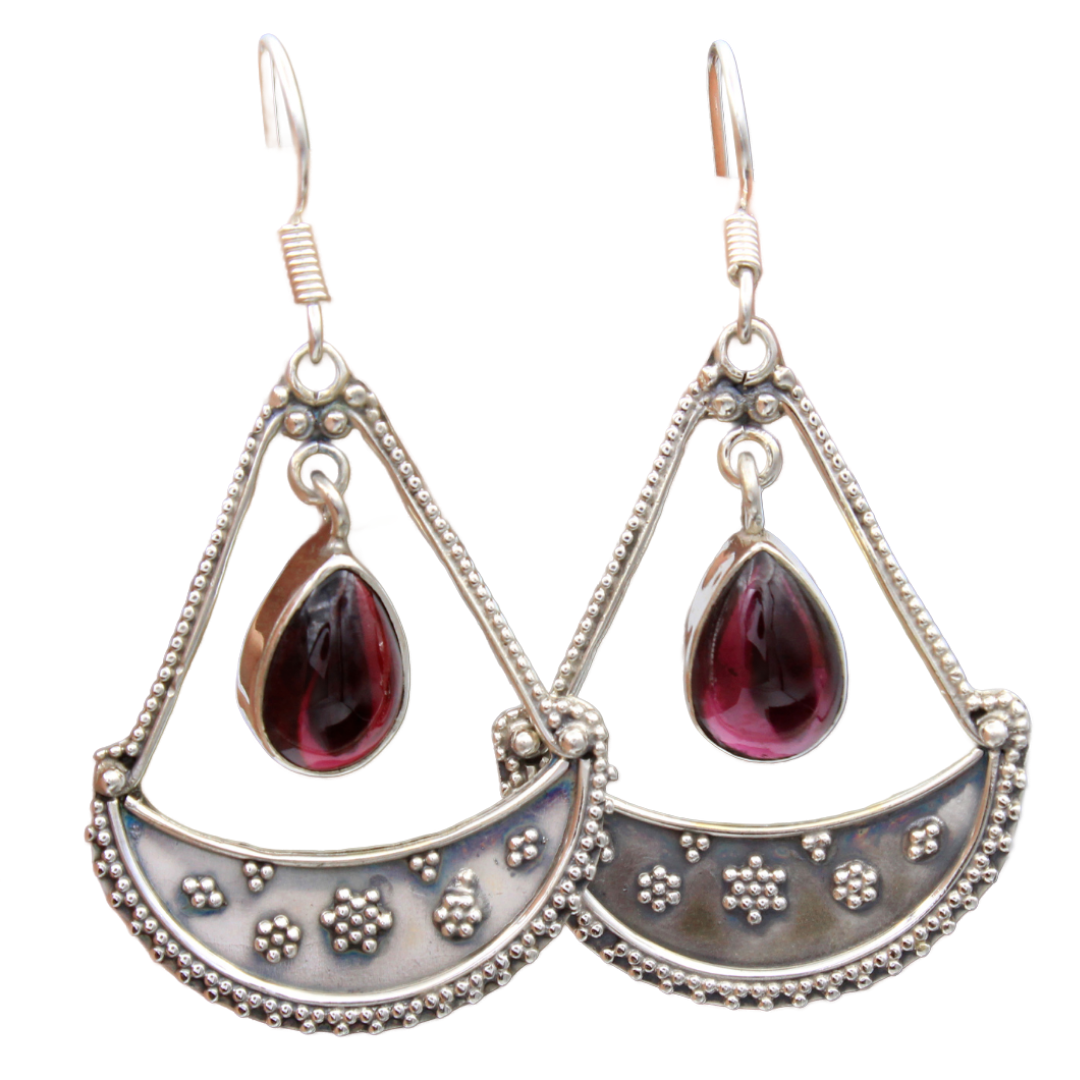 Crescent Garnet Tear Drop Earrings