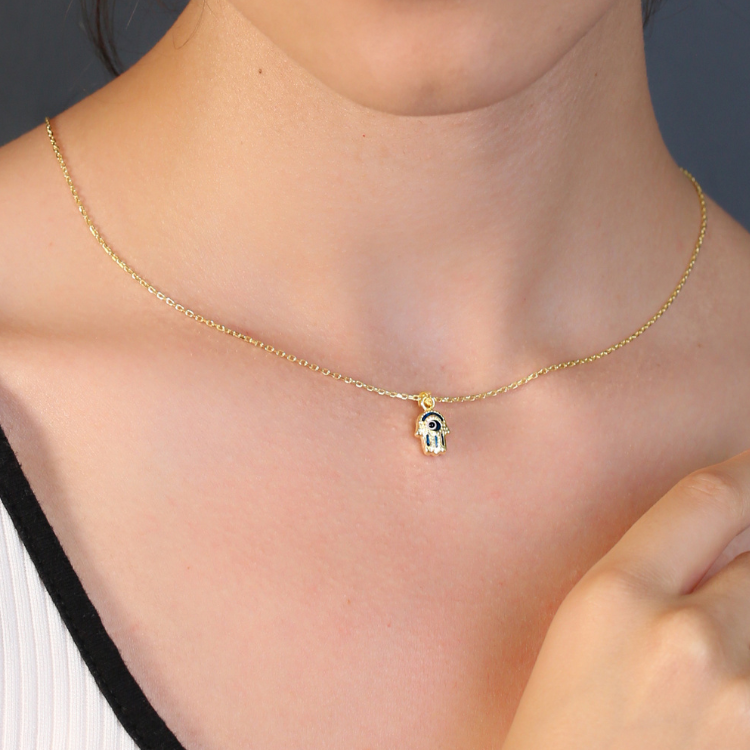 Sterling Silver Hamsa Shape Evil Eye Charm Necklace