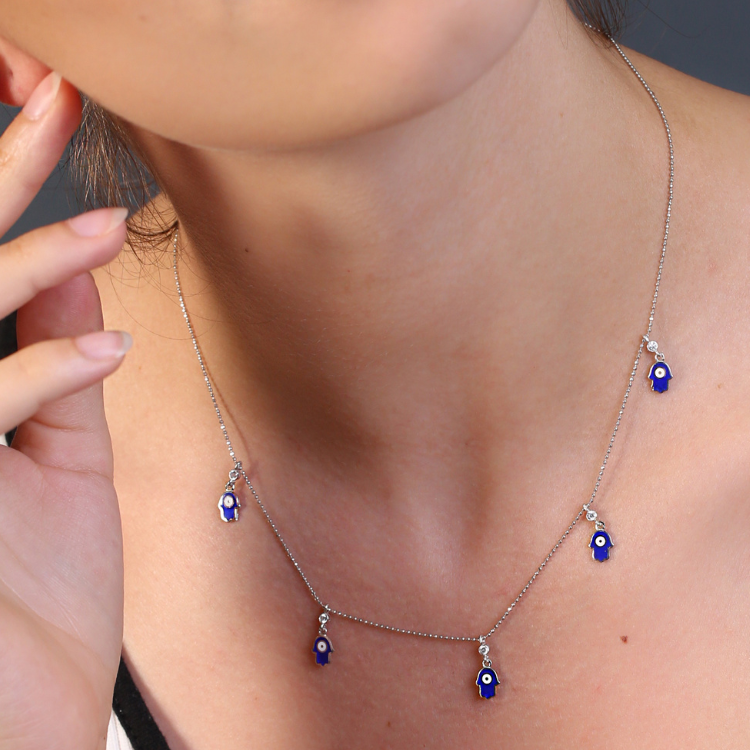Sterling Silver Blue Enamel Hamsa Charm Necklace