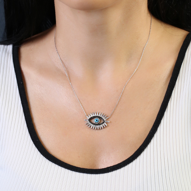Rhodium Plated Sterling Silver Evil Eye Design Pendant