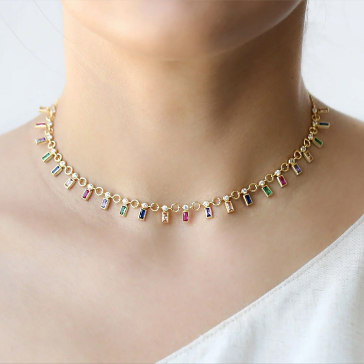 Sterling Silver Dainty Multicolour Stone Necklace