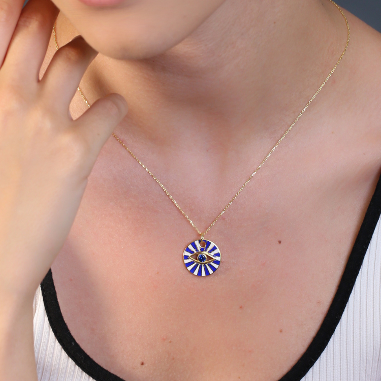 Handmade Enamel Eye Pendant Sterling Silver Necklace