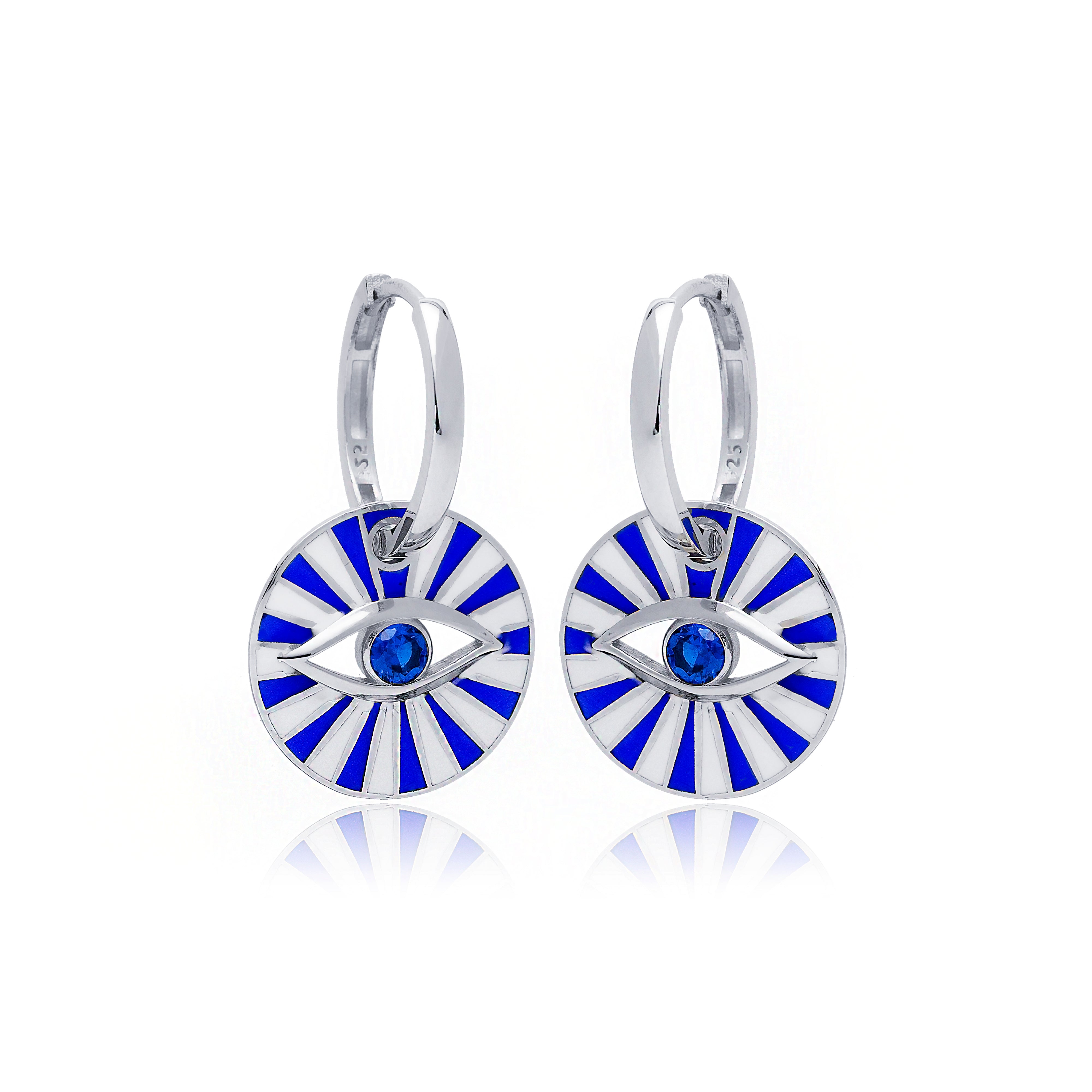 Sterling Silver Sapphire Stone Enamelled Evil Eye Earrings