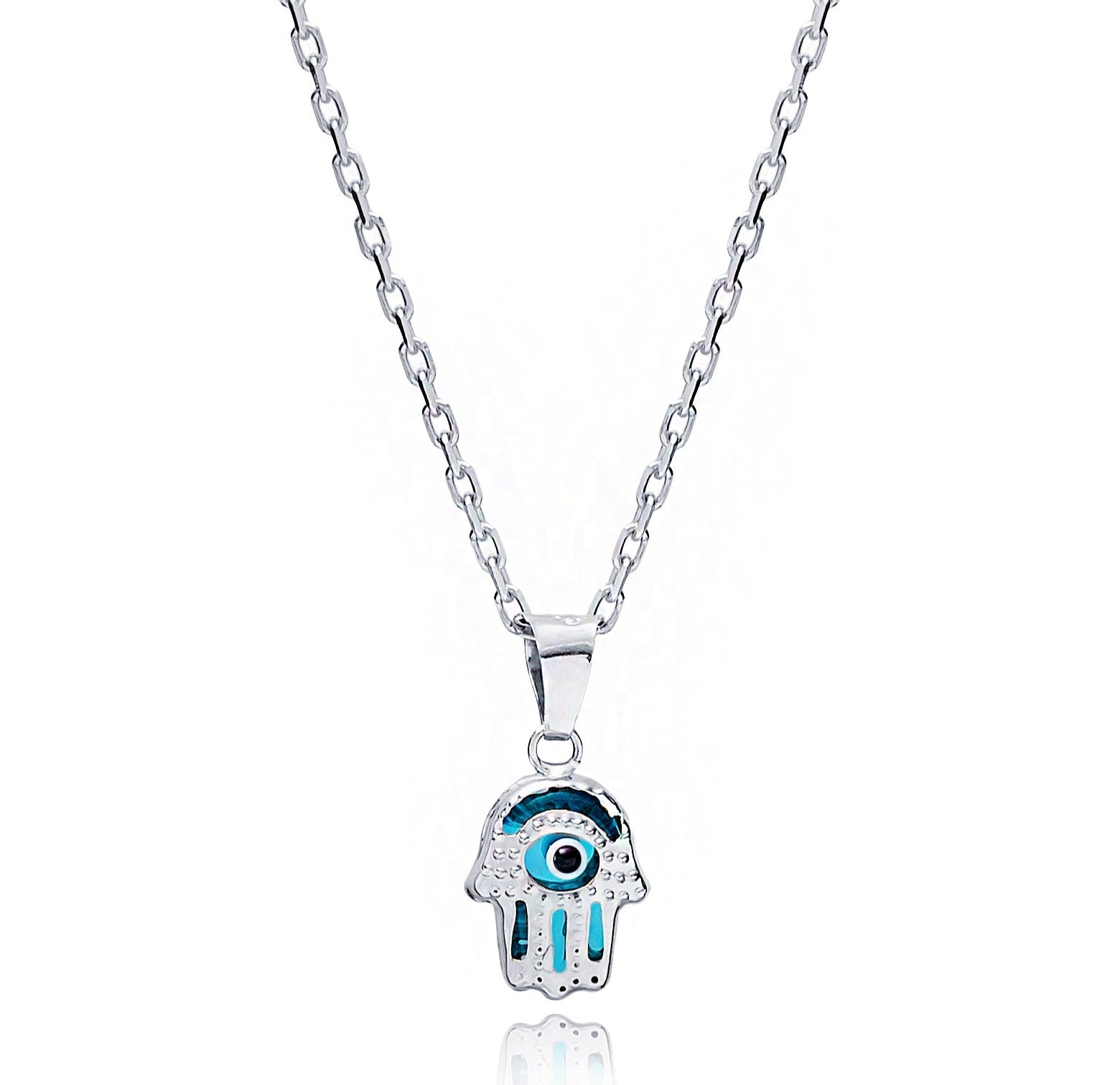 Sterling Silver Hamsa Shape Evil Eye Charm Necklace